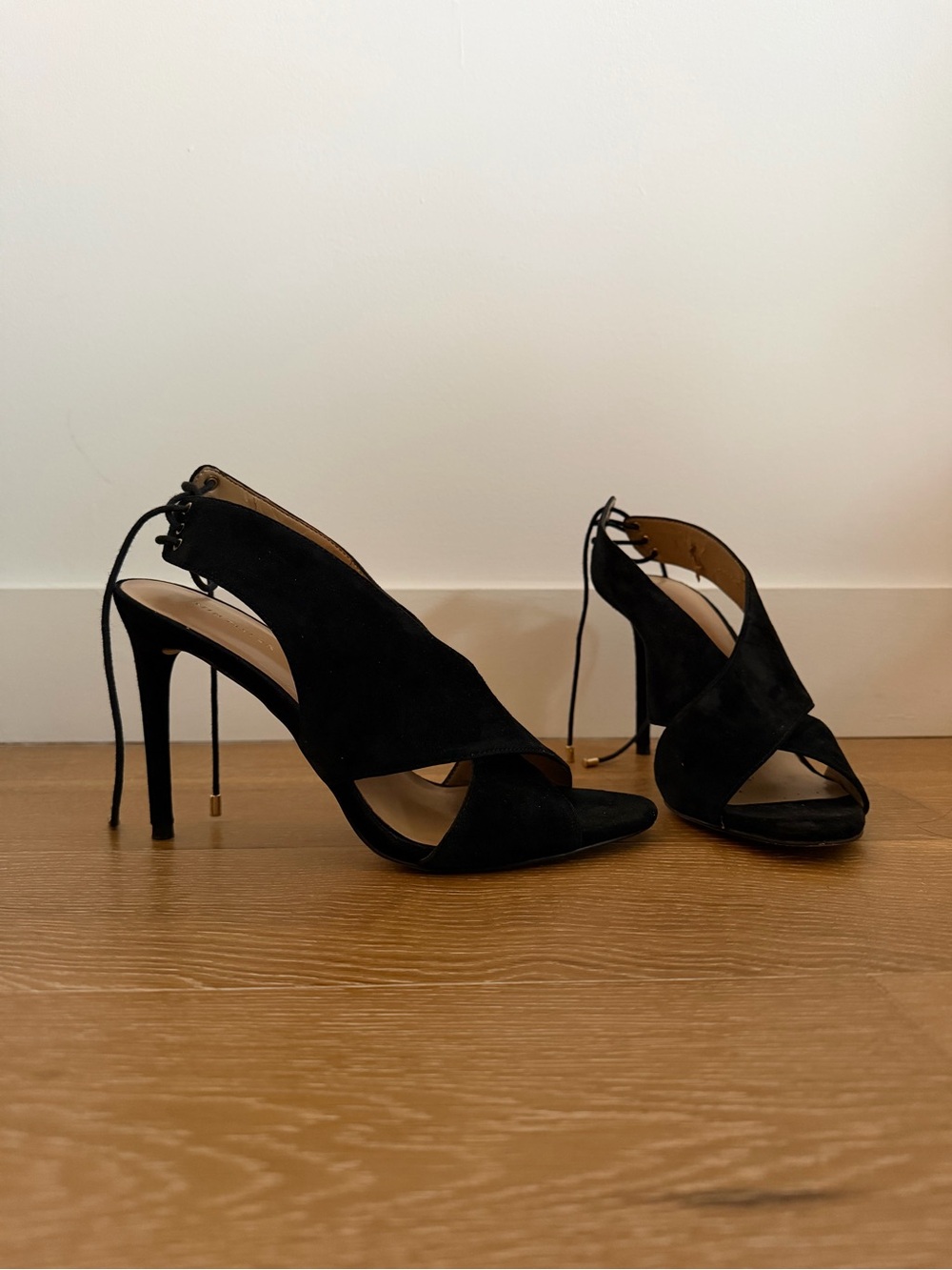 Ann Taylor Black Suede Crisscross Peep-Toe Heels worn out